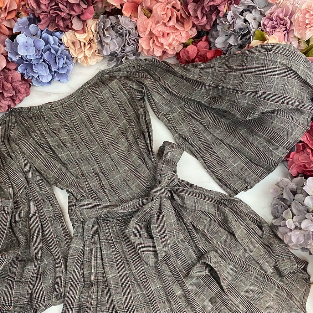 Flirty Gray Plaid Off-the-Shoulder Romper Jumpsuit - Picture 10 of 16